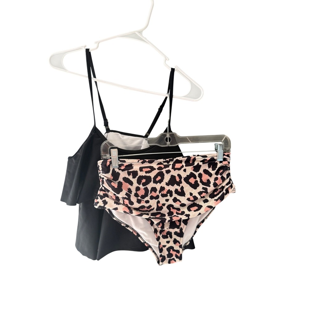 Beachsissi Womens Black Flounce Tankini Leopard High‎ Waist Swimsuit Set Large